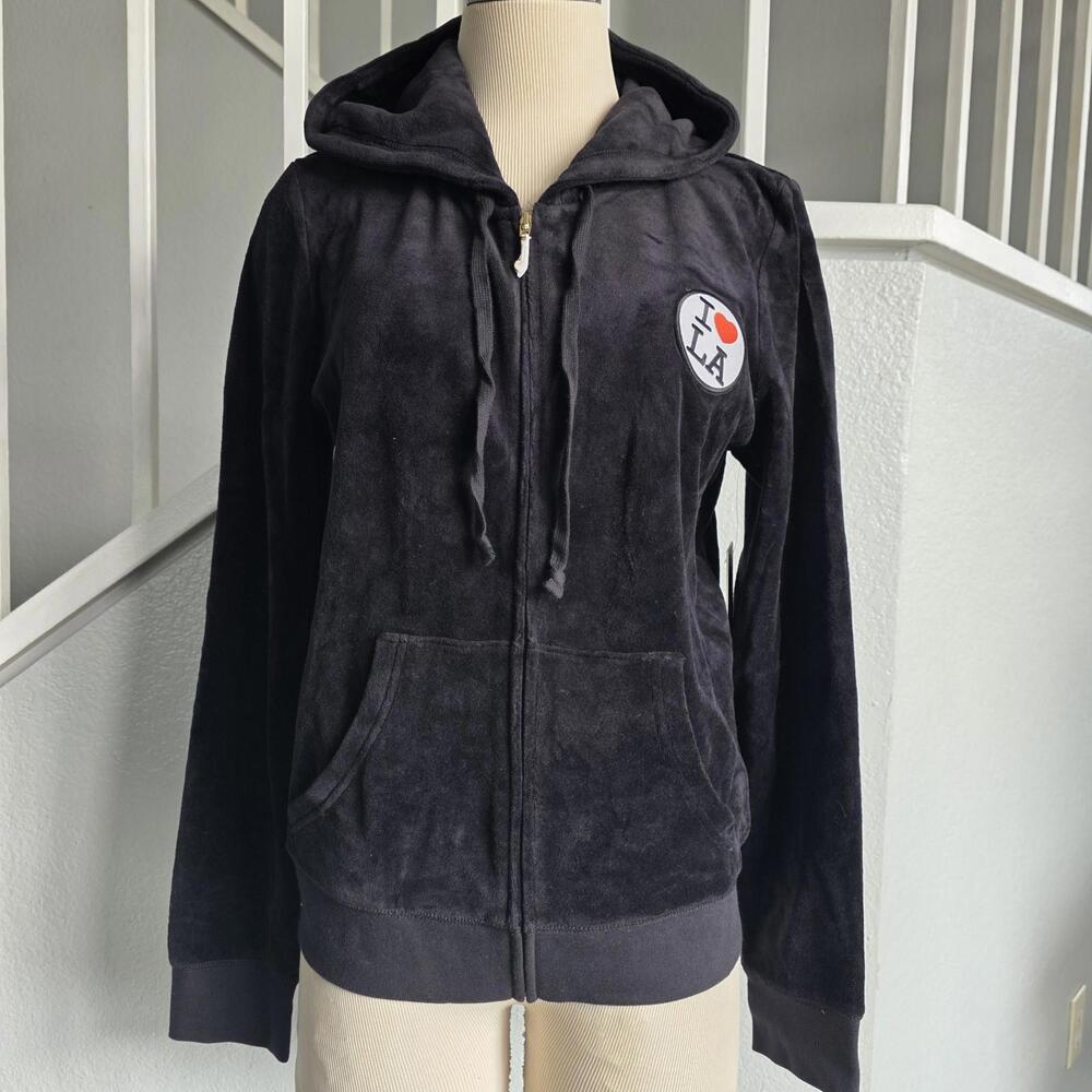 Juicy Couture Black Label Los Angeles Velour Black Hoodie Women's Size Lrg NWT